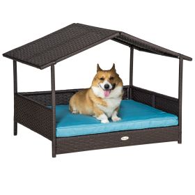 PawHut Wicker Dog House Elevated Raised Rattan Bed for Indoor/Outdoor with Removable Cushion Lounge, Blue